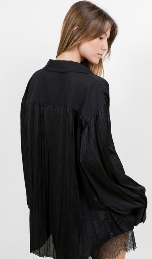 Black Flowy Satin Button Down Top