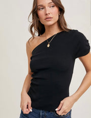 Black Draped Knit Asymmetric One Shoulder Knit Top
