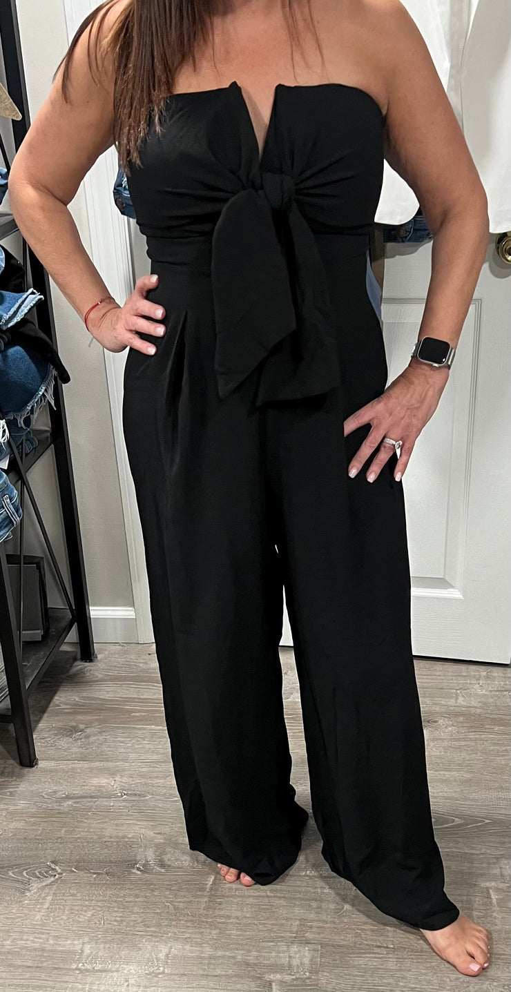 Black Strapless Jumpsuit With V Wired Neckline & Front Wrap Tie Closure