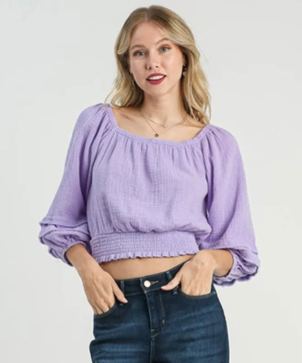 Lavender Cotton Gauze Smocked Waist Top With Cuffed 3/4 Sleeve