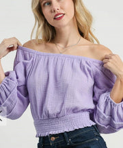Lavender Cotton Gauze Smocked Waist Top With Cuffed 3/4 Sleeve