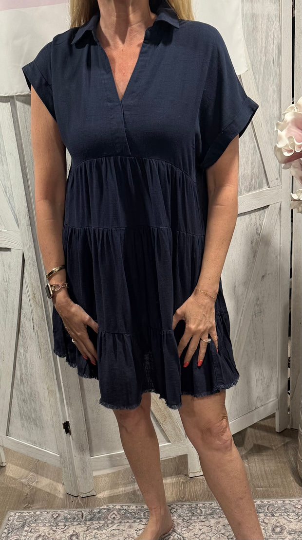 Short Sleeve Tiered Dress With Frayed Hem- Available in 4 Colors!