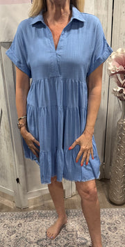 Short Sleeve Tiered Dress With Frayed Hem- Available in 4 Colors!