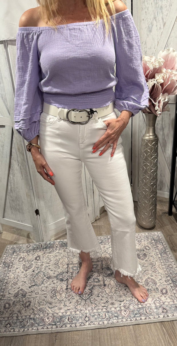 Lavender Cotton Gauze Smocked Waist Top With Cuffed 3/4 Sleeve