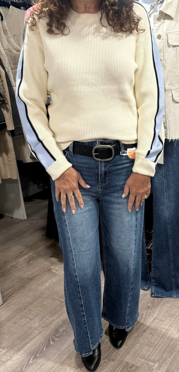 Ivory/Blue Long Sleeve Round Neck Sweater With Contrast Sleeve Line Detail- Also Available in Black/Khaki