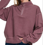 Terry Pigment Dye Washed Half Zip Top- Available in Eggplant, Dusty Blue & Ash Mocha