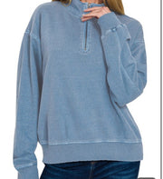 Terry Pigment Dye Washed Half Zip Top- Available in Eggplant, Dusty Blue & Ash Mocha
