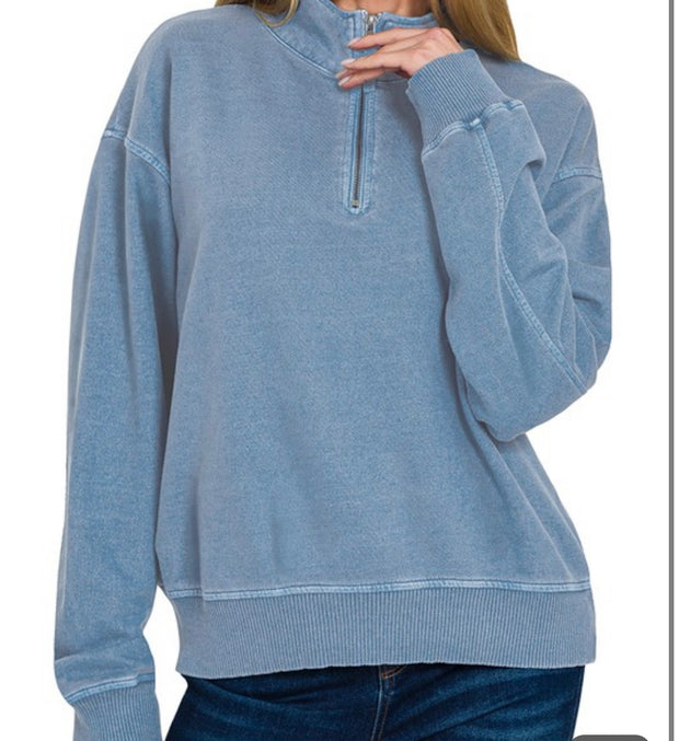 Terry Pigment Dye Washed Half Zip Top- Available in Eggplant, Dusty Blue & Ash Mocha