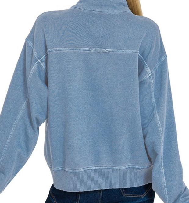 Terry Pigment Dye Washed Half Zip Top- Available in Eggplant, Dusty Blue & Ash Mocha