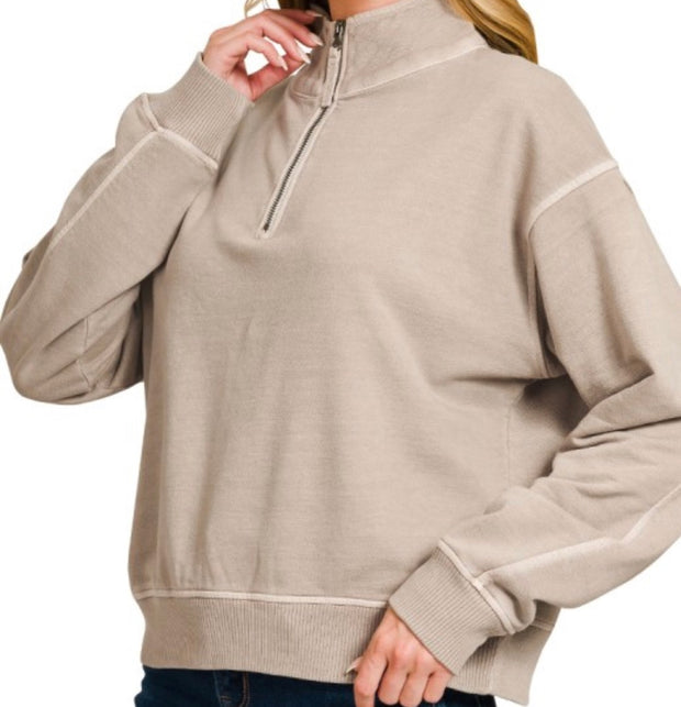 Terry Pigment Dye Washed Half Zip Top- Available in Eggplant, Dusty Blue & Ash Mocha