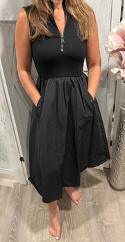 Black Zipper Midi Dress With Pockets