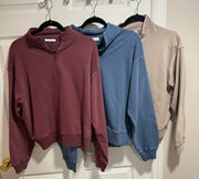 Terry Pigment Dye Washed Half Zip Top- Available in Eggplant, Dusty Blue & Ash Mocha