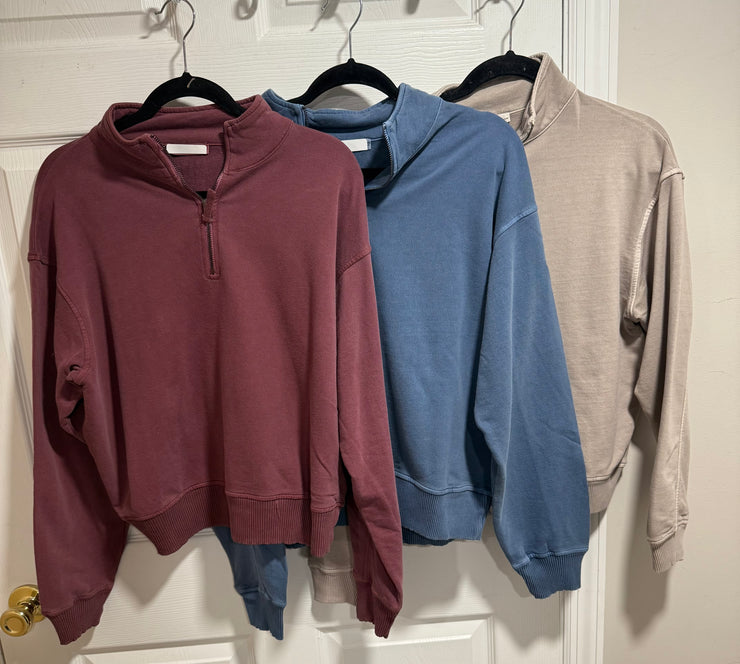Terry Pigment Dye Washed Half Zip Top- Available in Eggplant, Dusty Blue & Ash Mocha