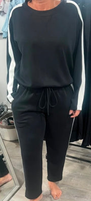 Black/Ivory Crewneck Scuba Stripe Sleeve Detail Top- Matching Pants Available