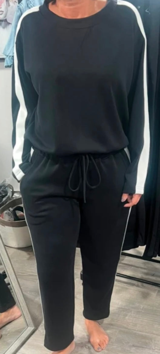 Black/Ivory Crewneck Scuba Stripe Sleeve Detail Top- Matching Pants Available