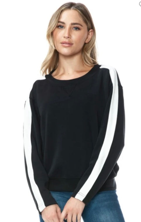 Black/Ivory Crewneck Scuba Stripe Sleeve Detail Top- Matching Pants Available