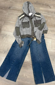 Grey/Army Green Multi Open Knit Button Down Pocket Hoodie Shirt