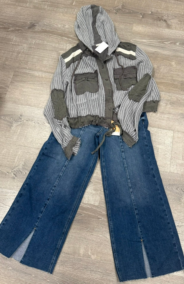 Grey/Army Green Multi Open Knit Button Down Pocket Hoodie Shirt