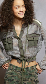 Grey/Army Green Multi Open Knit Button Down Pocket Hoodie Shirt