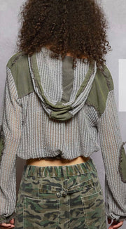 Grey/Army Green Multi Open Knit Button Down Pocket Hoodie Shirt