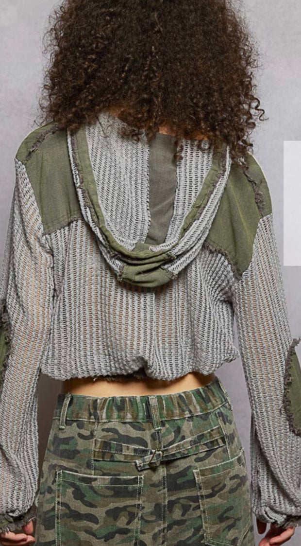 Grey/Army Green Multi Open Knit Button Down Pocket Hoodie Shirt