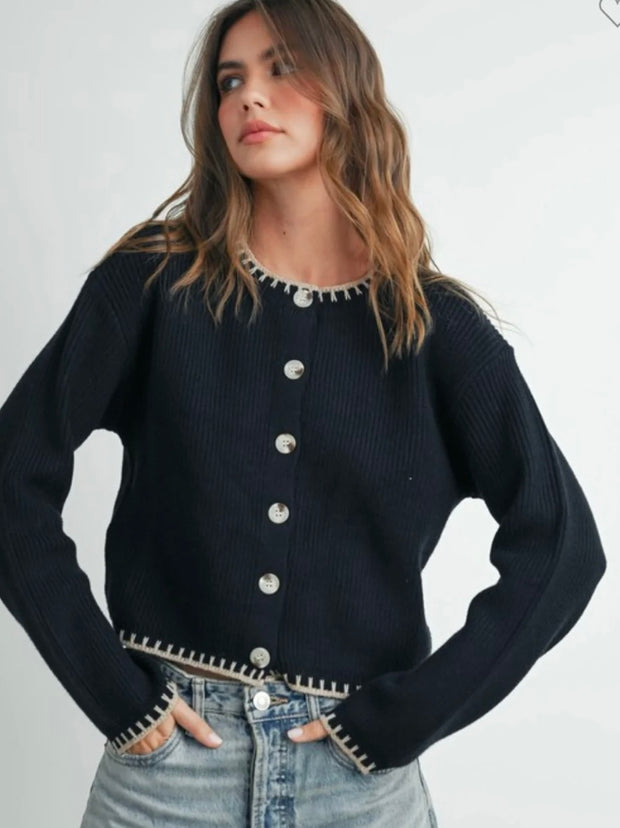 Black/Taupe Contrast Stitch Trim Button Down Knit Cardigan