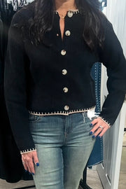 Black/Taupe Contrast Stitch Trim Button Down Knit Cardigan