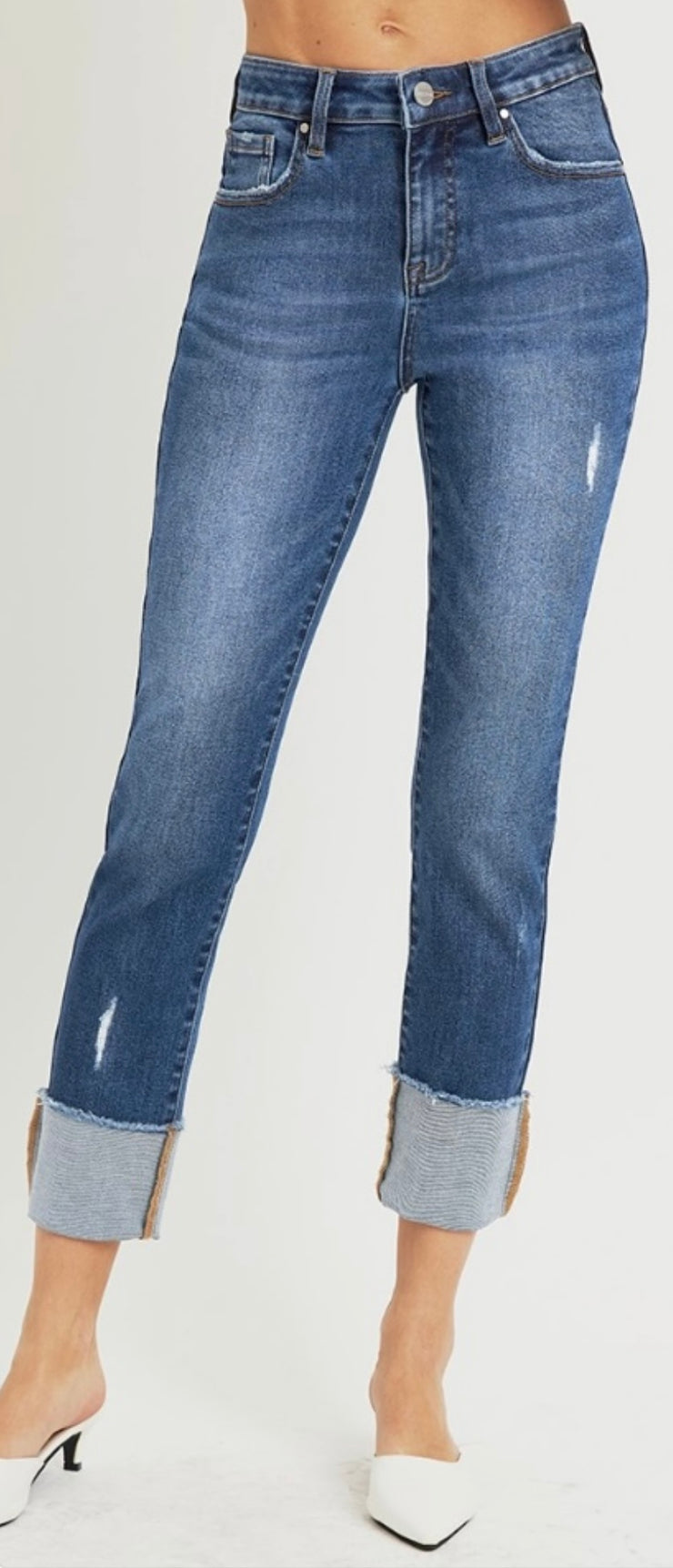 High Rise Straight Cuffed Slim Jeans