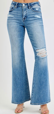 Mid Rise Tummy Control Flare Jeans With Distressing