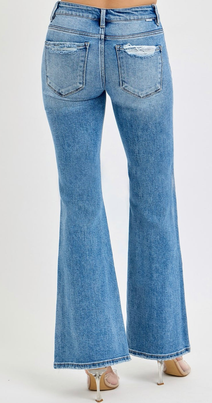 Mid Rise Tummy Control Flare Jeans With Distressing