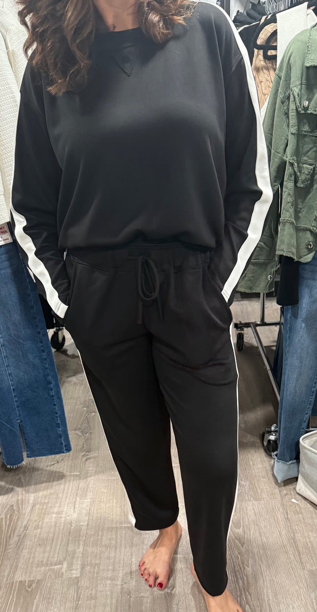Black/Ivory Crewneck Scuba Stripe Sleeve Detail Top- Matching Pants Available