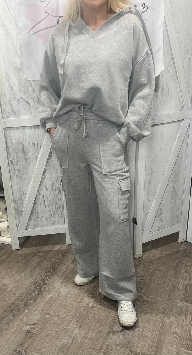 Heather Grey Hoodie Sweatshirt With Matching Cargo Pocket Wide Pants- SET