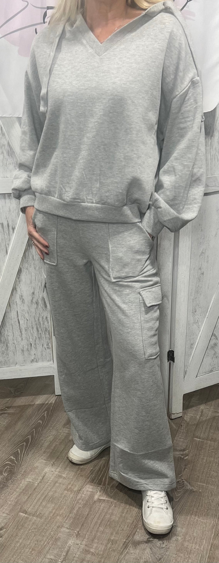 Heather Grey Hoodie Sweatshirt With Matching Cargo Pocket Wide Pants- SET