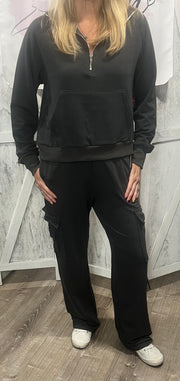 Charcoal Half Zip Hoodie With Matching Straight Leg Pants- SET