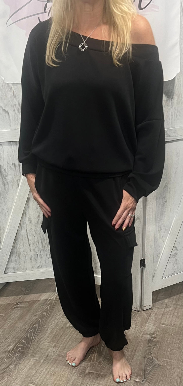 Black Off Shoulder Top With Matching Cargo Pant SET