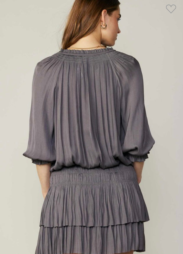 Taupe/Grey Pleated 3/4 Sleeve Dress (Available in 3 Colors)