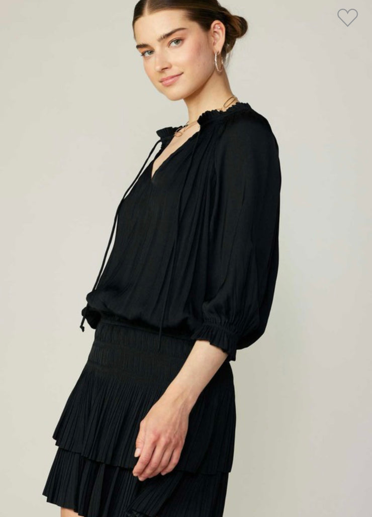 Black Pleated 3/4 Sleeve Dress (Available in 3 Colors)