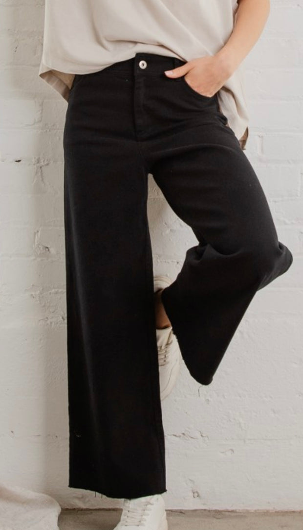 Cotton Twill Wide Leg Ankle Pants- Available in Black & Bone