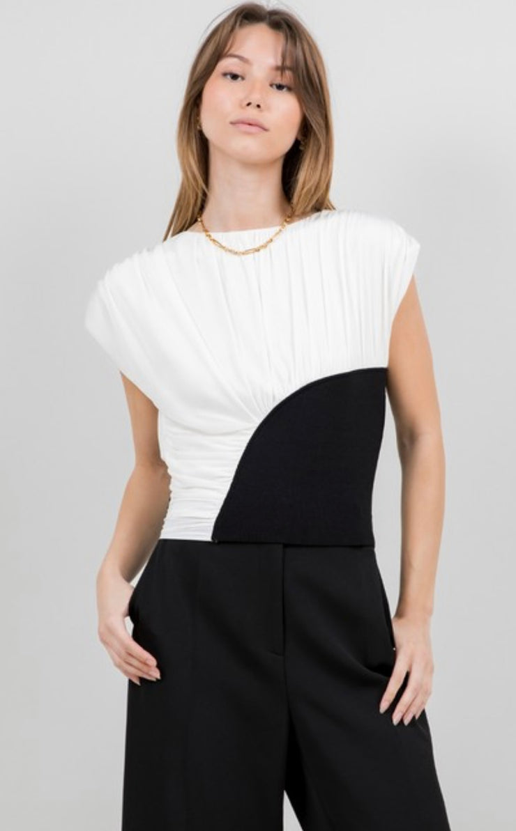 White/Black Knit Mesh Combo Top