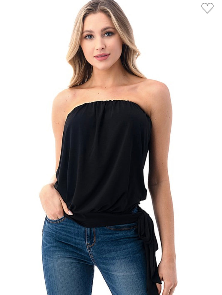 Black Solid Strapless Tube Top With Side Tie