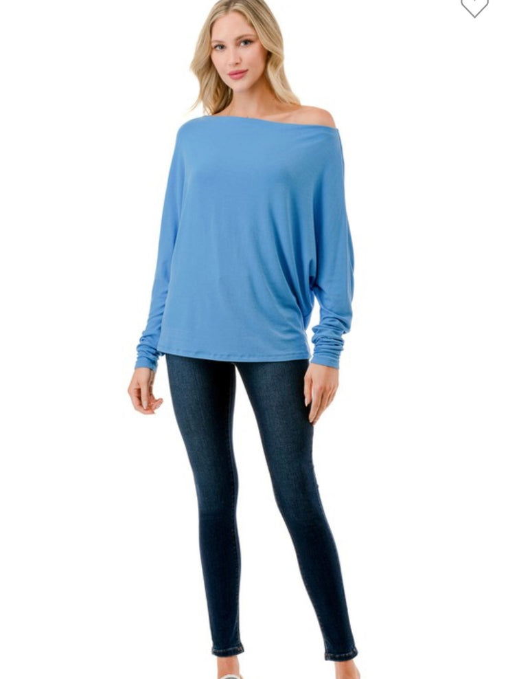 Denim Blue Long Sleeve Boat Neck Top