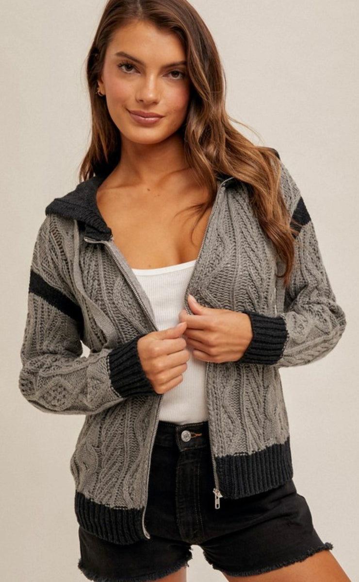 Charcoal Color Block Cable Knit Hoodie Sweater