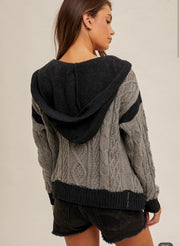 Charcoal Color Block Cable Knit Hoodie Sweater