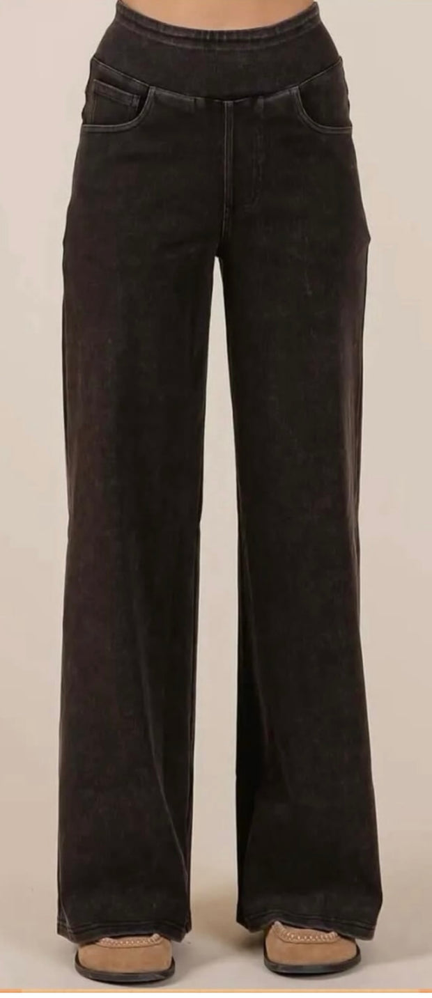 Washed Denim Elastic Waistband Wide Leg Pants- Available in Black or Denim Blue