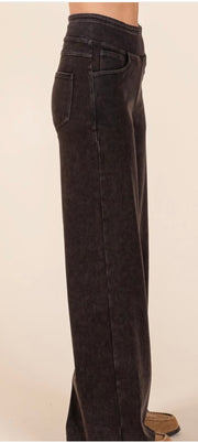 Washed Denim Elastic Waistband Wide Leg Pants- Available in Black or Denim Blue