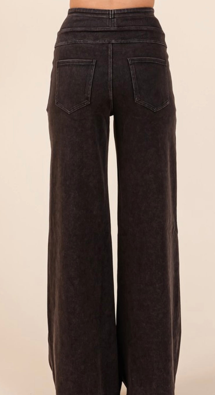 Washed Denim Elastic Waistband Wide Leg Pants- Available in Black or Denim Blue