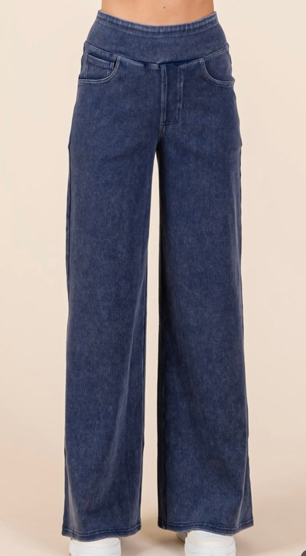 Washed Denim Elastic Waistband Wide Leg Pants- Available in Black or Denim Blue