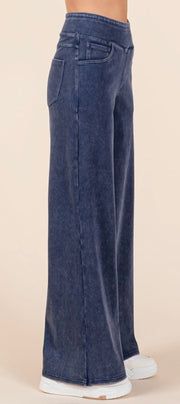 Washed Denim Elastic Waistband Wide Leg Pants- Available in Black or Denim Blue