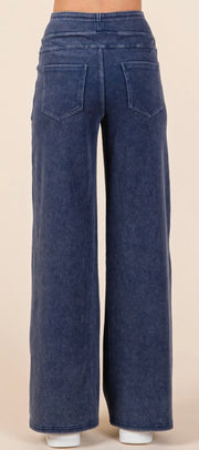 Washed Denim Elastic Waistband Wide Leg Pants- Available in Black or Denim Blue