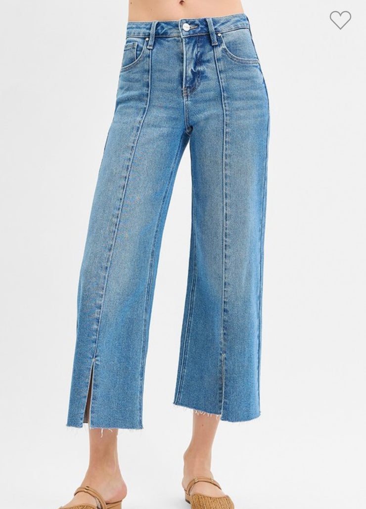 Mid Rise Crop Wide Leg Front Slit Jeans